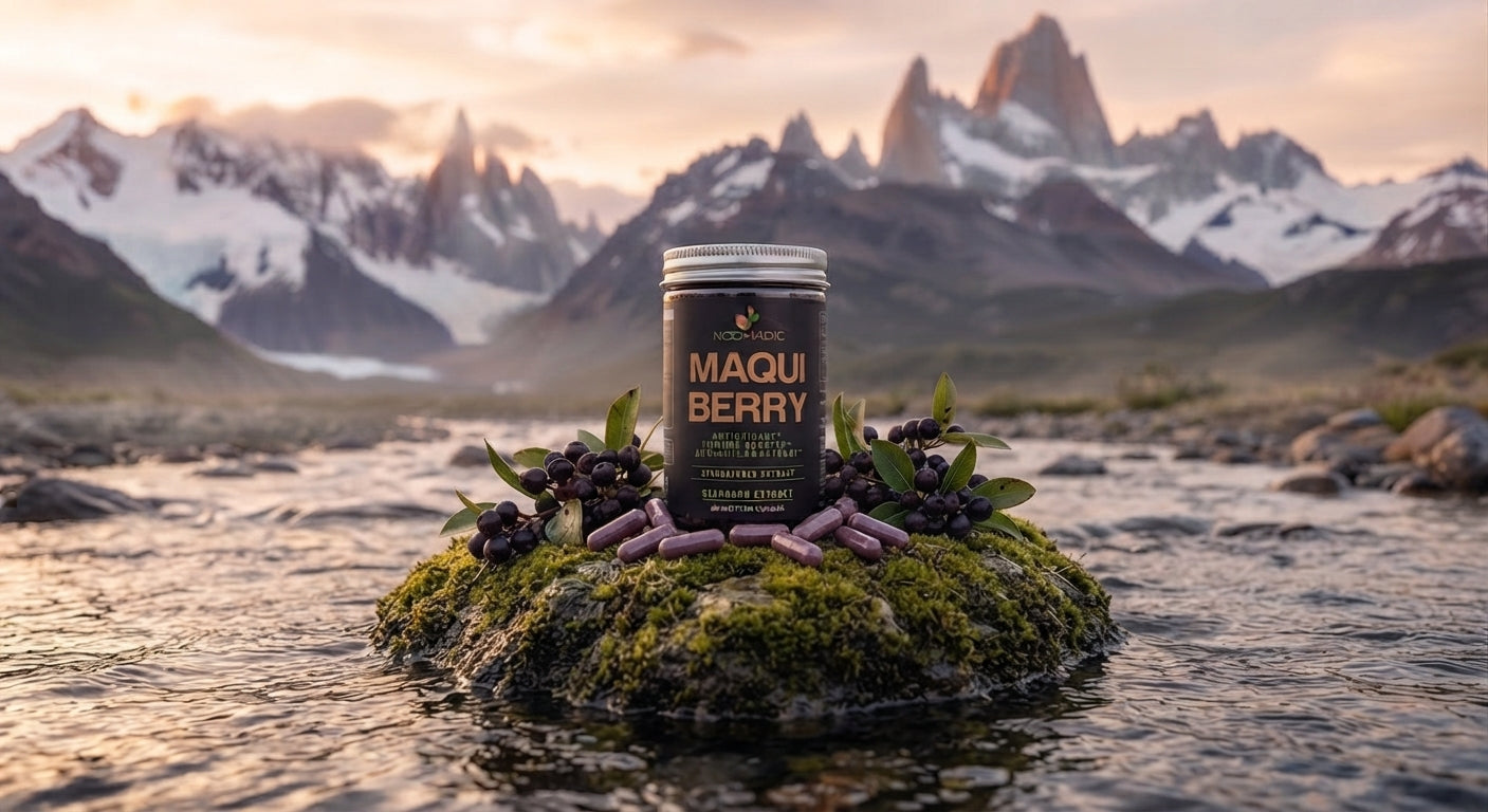 Maqui Berry product and berries beside a Patagonian creek with Fitz Roy in the background